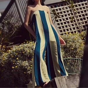 Free People Eden Jumpsuit Wide Leg Striped Printed Pocket Pull On XS